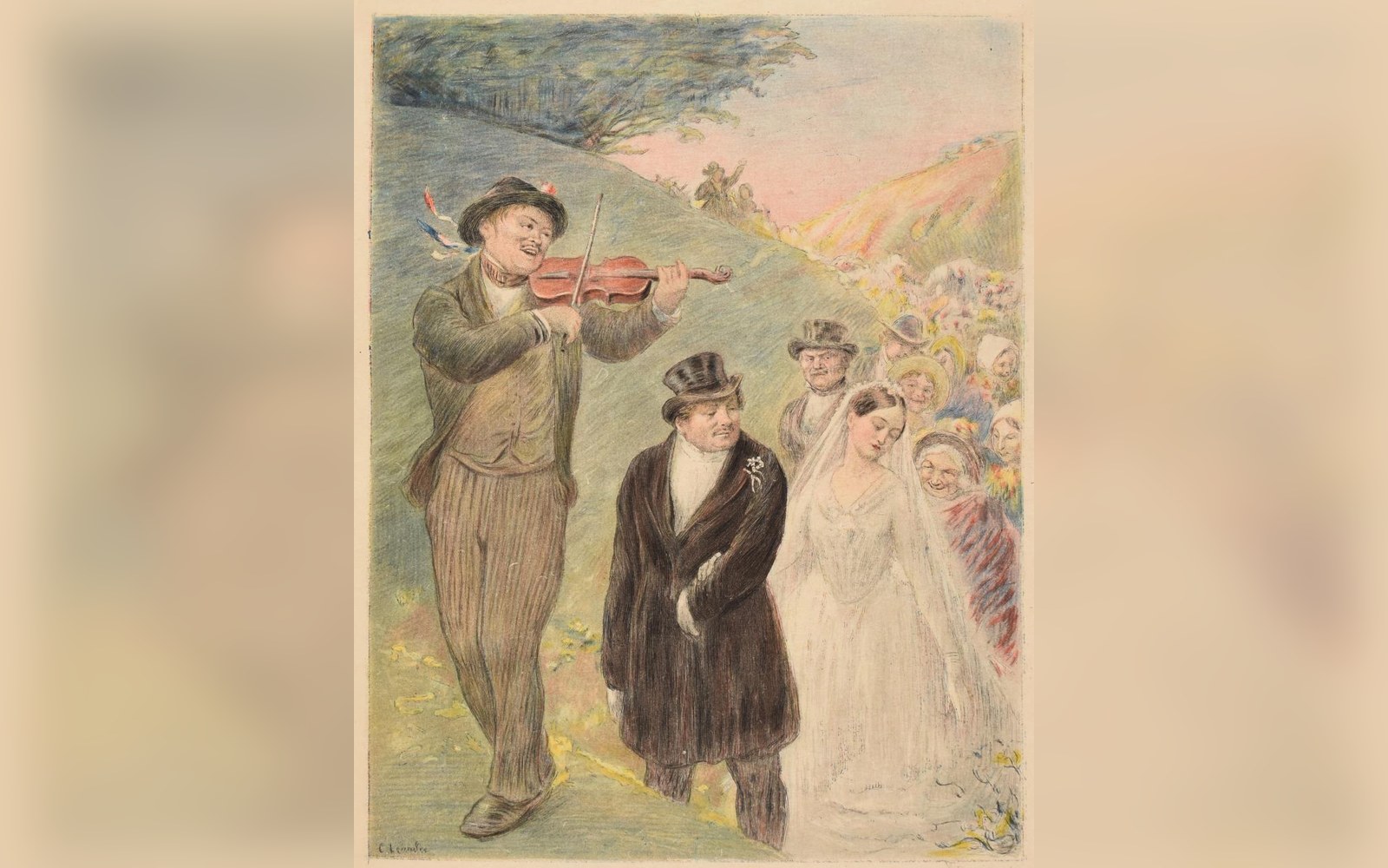 Illustration of a wedding procession led by a fiddler, with bride, groom and guests
