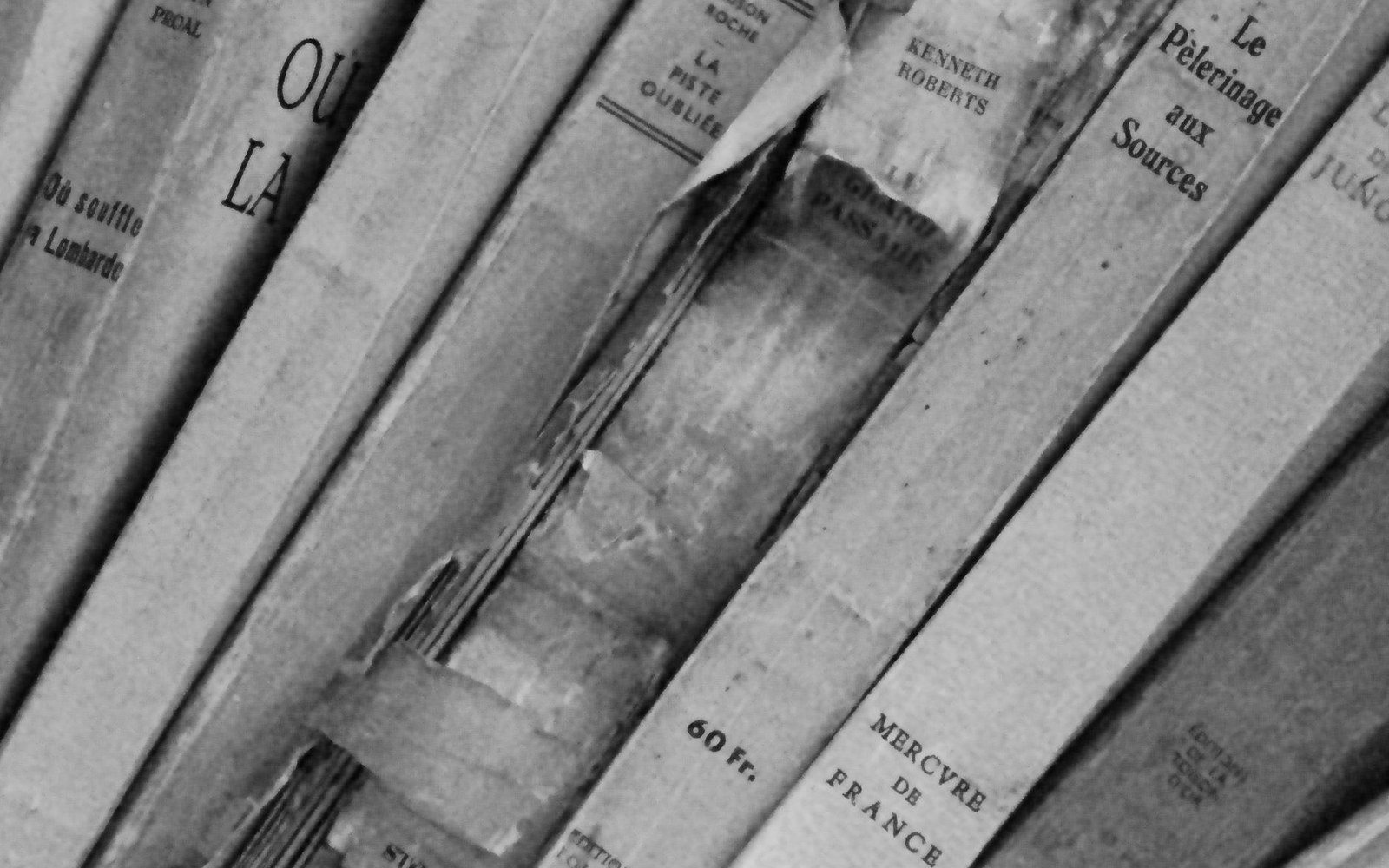 Worn spines of old French paperbacks lean together, titles and prices faintly legible