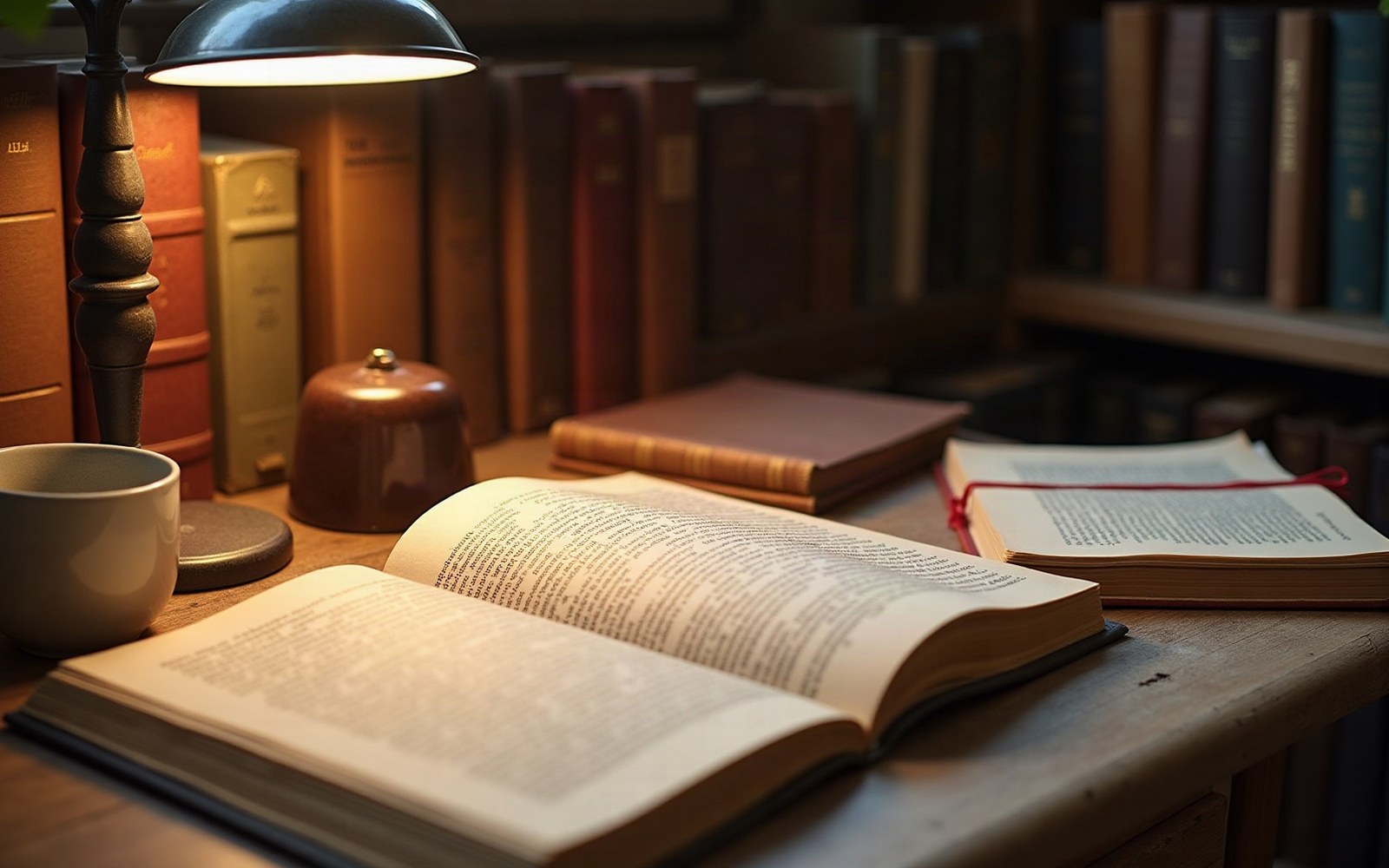 Open book on a wooden desk under a lamp, surrounded by stacked leather-bound volumes