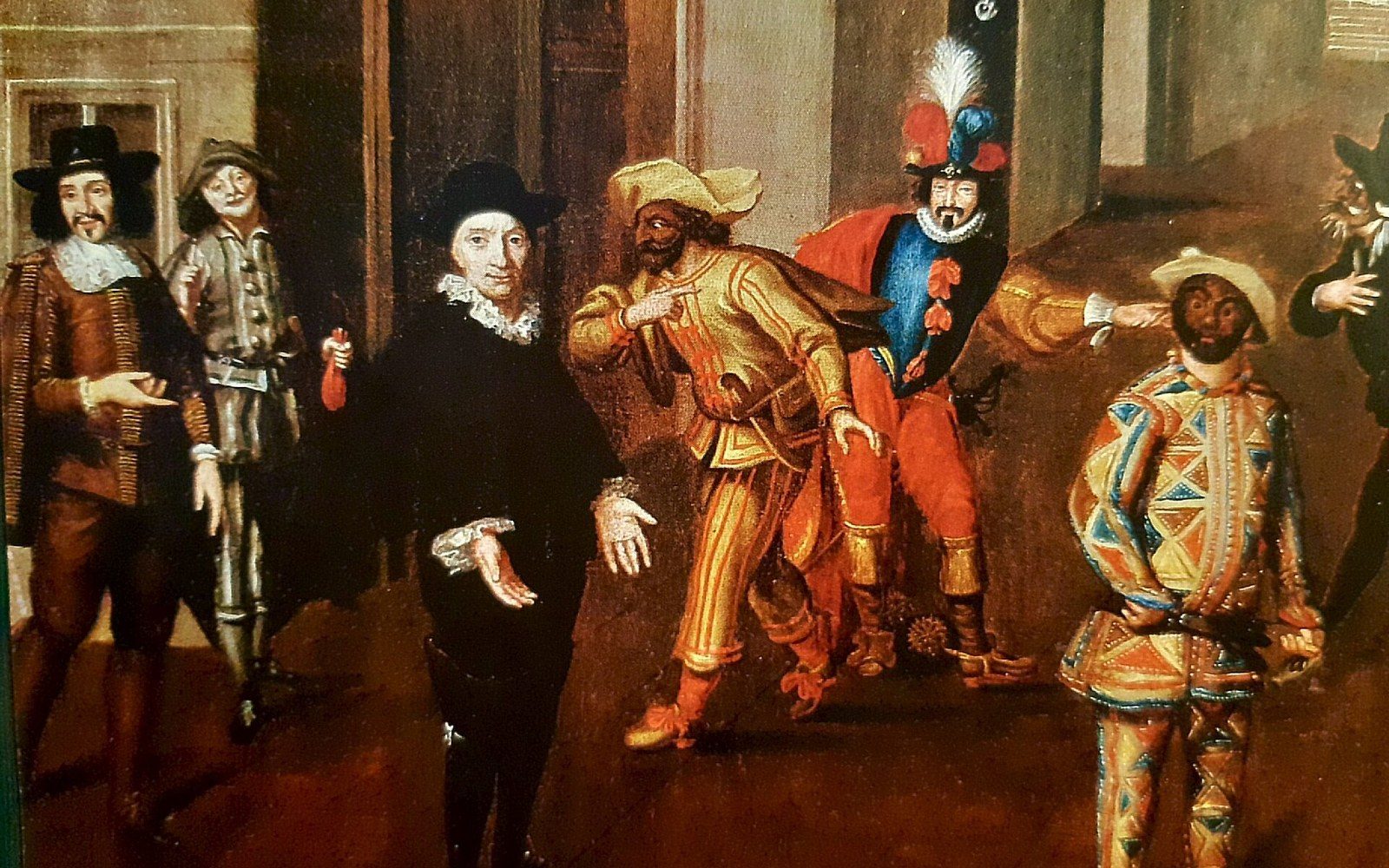 Painting of costumed commedia dell'arte and comedy actors gesturing in a theatrical group scene