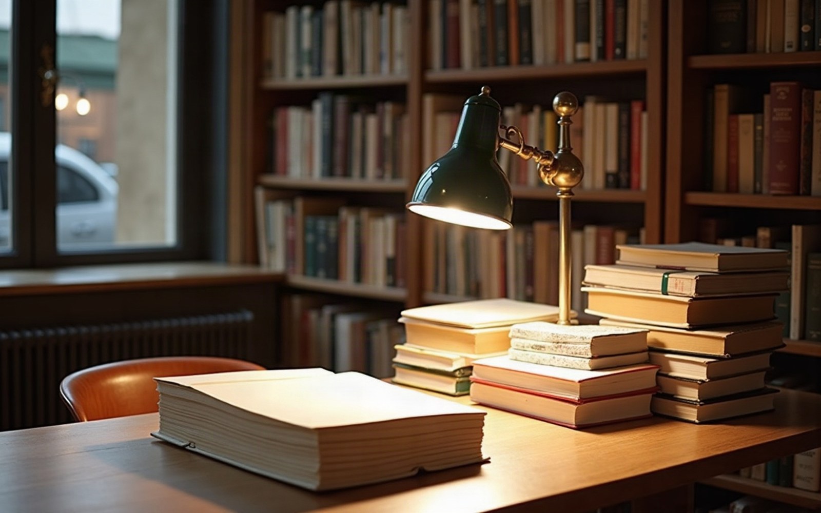 A desk lamp illuminates stacked books at a library table lined with bookshelves