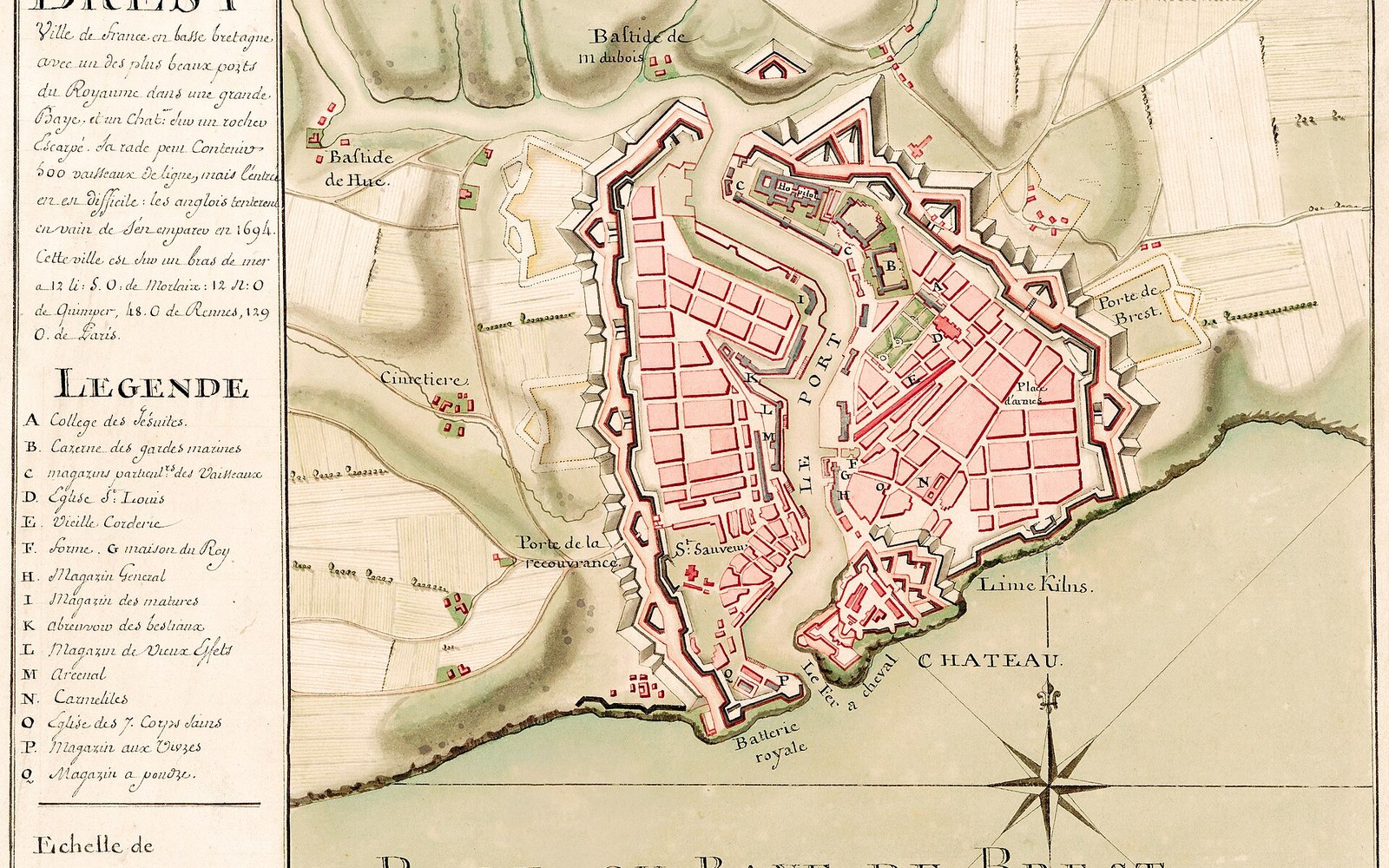 Antique hand-colored map of Brest showing its star-shaped fortifications and harbor layout