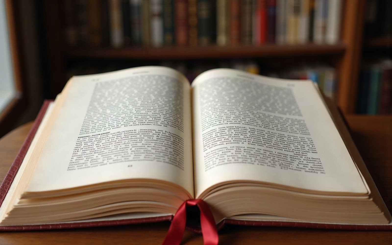 An open hardcover book with a red ribbon marker rests on a table before shelves of bound volumes