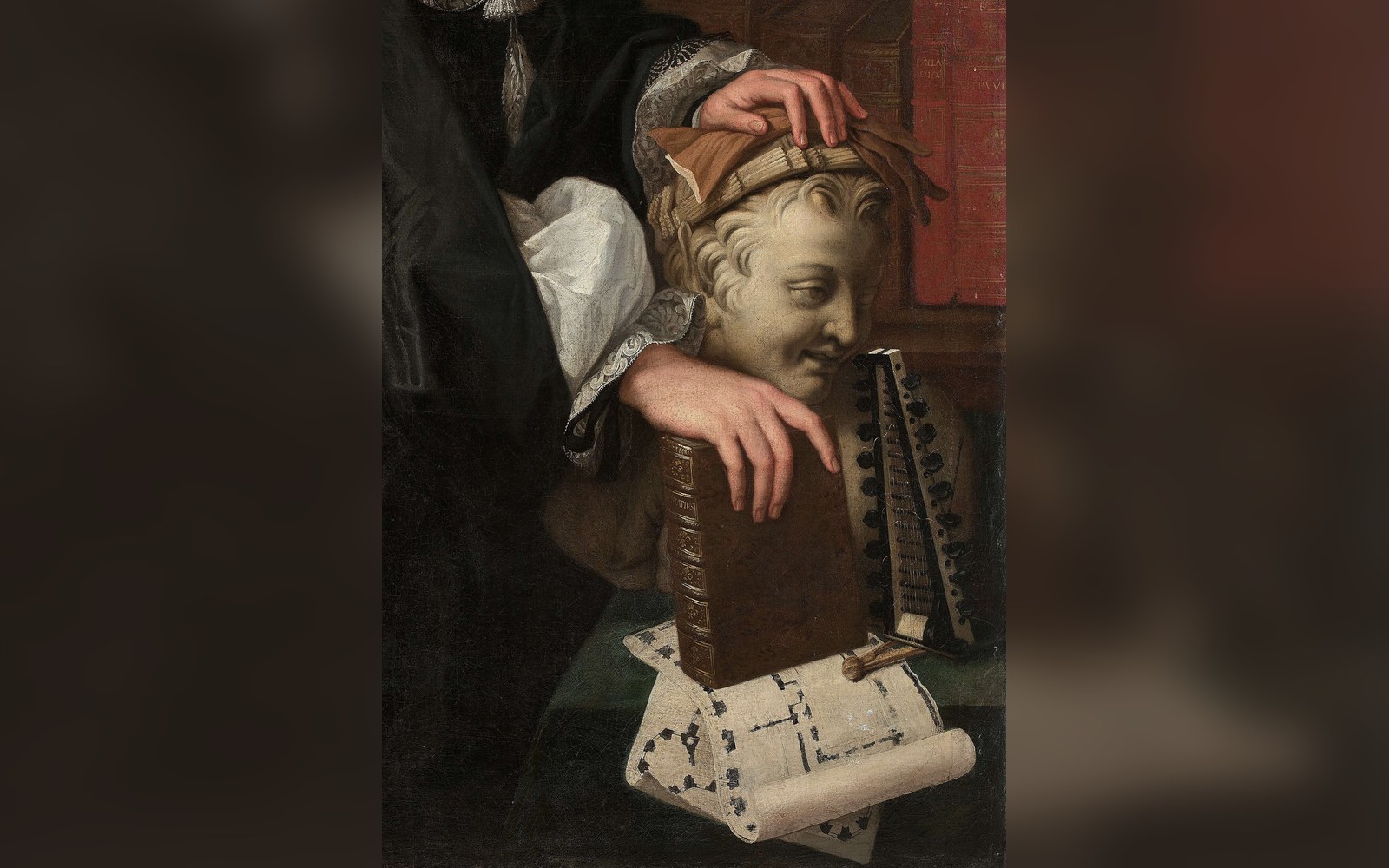Detail of a painted portrait showing a hand resting on a marble bust beside old books and a scroll