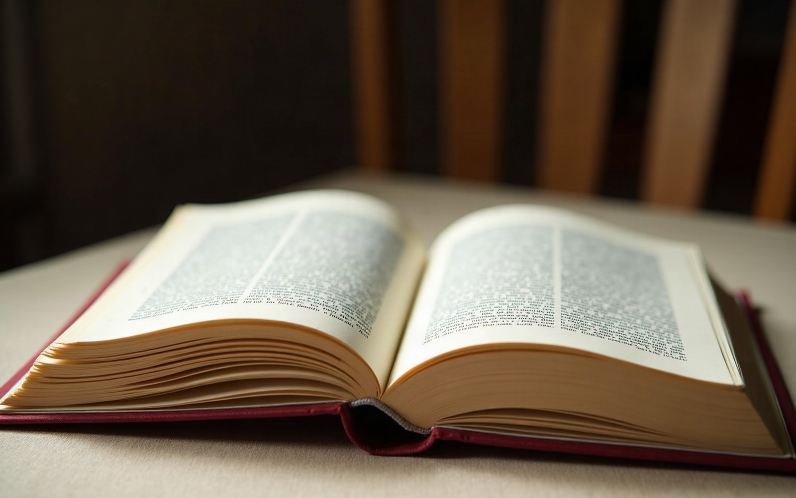 A thick hardcover book lies open to dense text pages on a wooden table