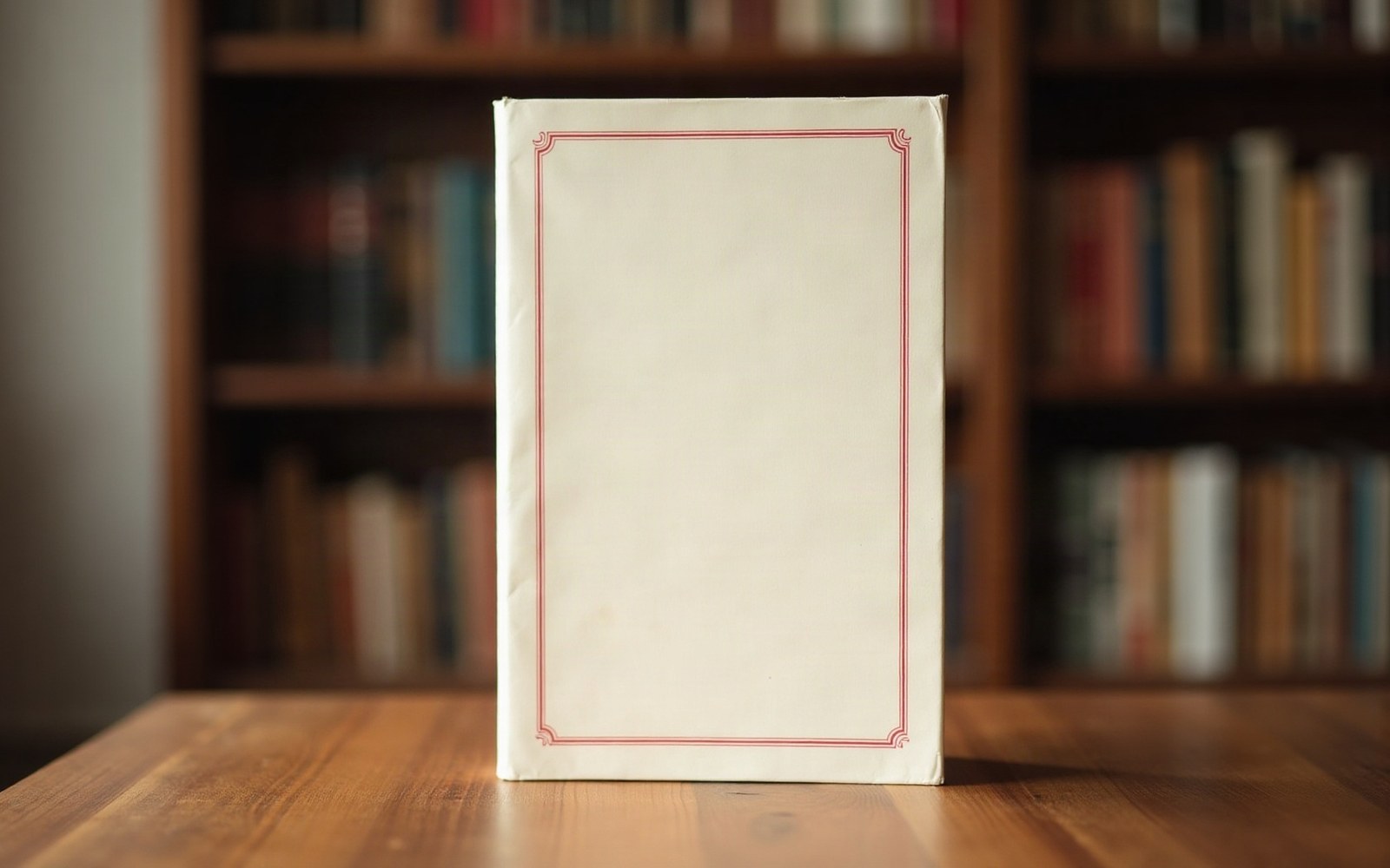 Blank cream book cover with a red border stands upright on a wooden table before bookshelves