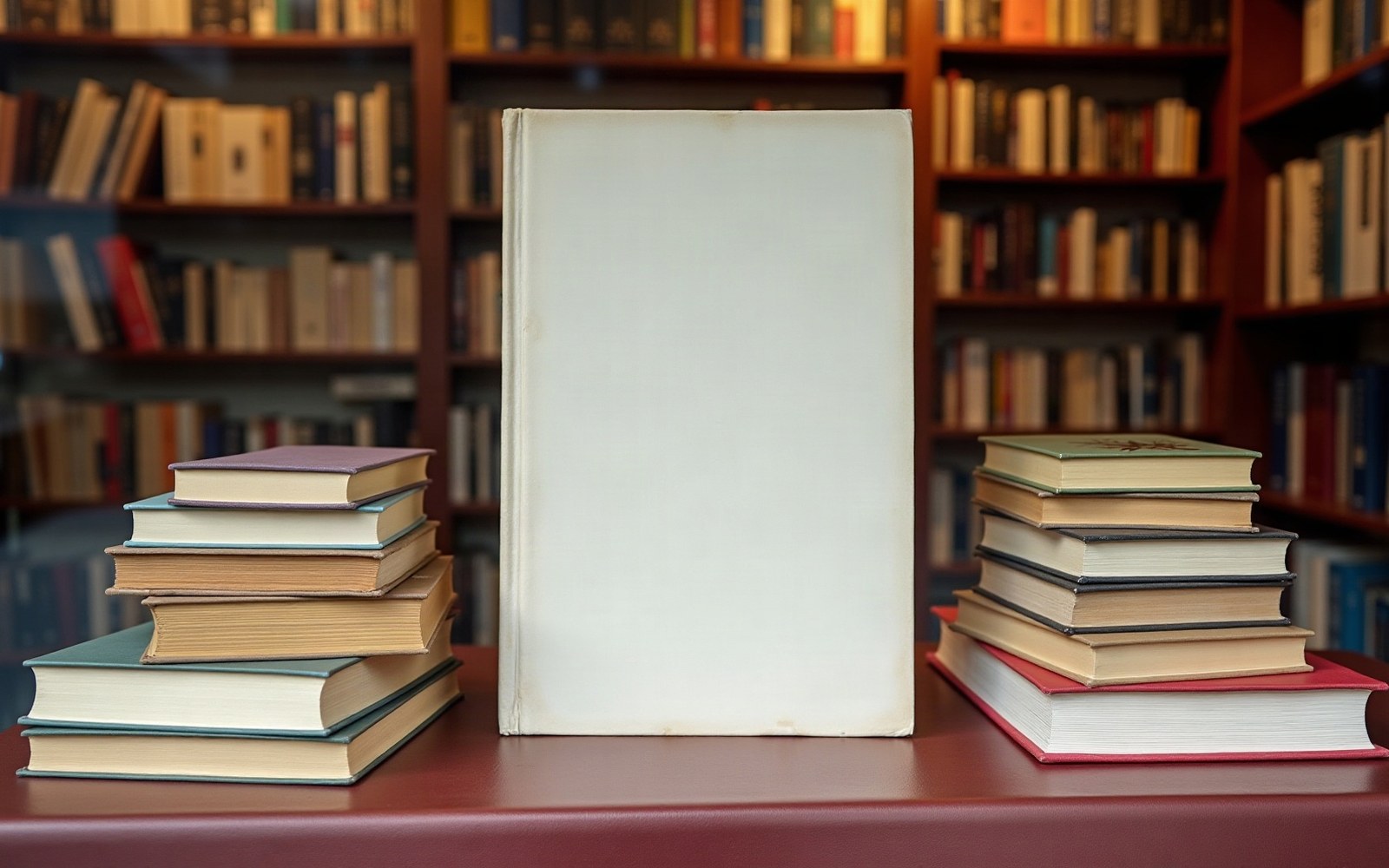 A blank white book cover stands upright between two stacks of hardcover books, library shelves behind