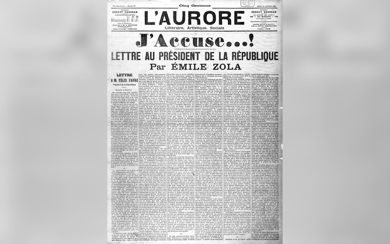 Front page of L'Aurore newspaper showing Émile Zola's "J'Accuse...!" open letter headline